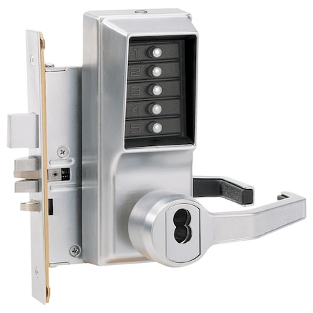 Dormakaba Mortise Combination Lever Lock, Key Override, Passage, with Deadbolt, Less Core, Satin Chrome R8148C-26D-41