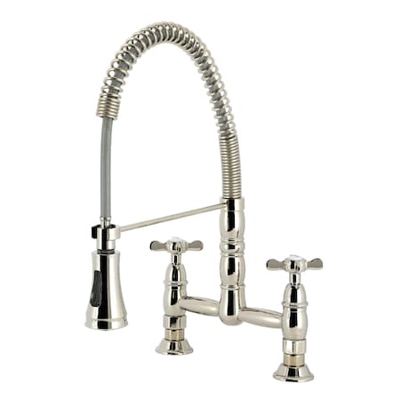 Kingston Brass Double-Handle Deck-Mount Pre-Rinse Bridge Kitchen Faucet, Polished Nickel GS1276BEX