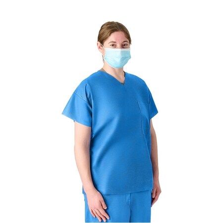 Medline Disposable Unisex Scrub Top with V-Neck, 1 Chest Pocket, Blue, Size L, 30PK NON27202L