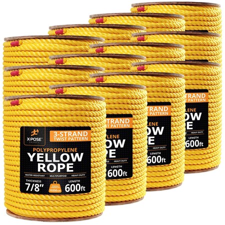 Xpose Safety 7/8in x 600 ft Twisted Polypropylene Rope, Yellow, 12PK YPR78-600-12-X