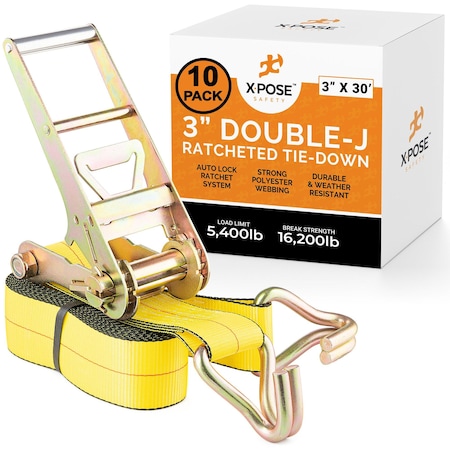 Xpose Safety Heavy Duty Ratchet Straps with Double J Hooks Yellow 3in x 30ft for Cargo Tie Down, 10PK RTD330-DJH-10-X-S