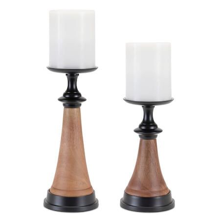 Homeroots Set of Two Black And Brown Metal And Solid Wood Tabletop Pillar Candle Holders, 2PK 634843