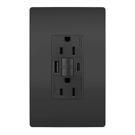 Legrand USB Receptacle, 15 A, Black, Nylon 1597TRUSBACBK