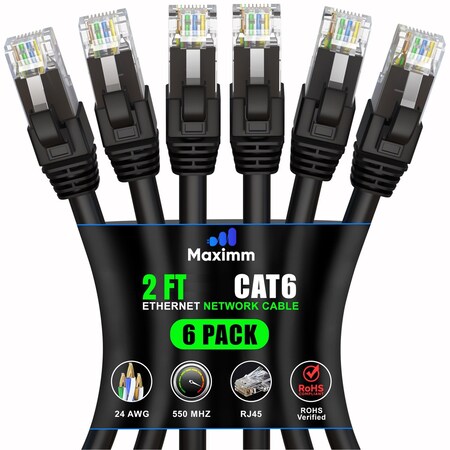 Maximm Cat6 Ethernet Cable 2ft 10Gbps 550MHz UTP, 6PK, Black, 6PK BK6PK04