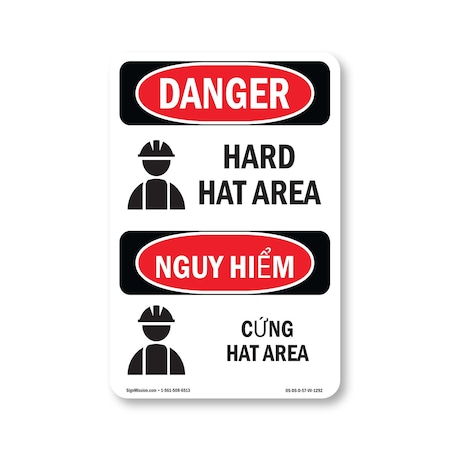 Signmission OSHA Danger Sign, Hard Hat Area Bilingual, 7in X 5in Decal, 5" W, 7" H, Hard Hat Area Bilingual OS-DS-D-57-VV-1292