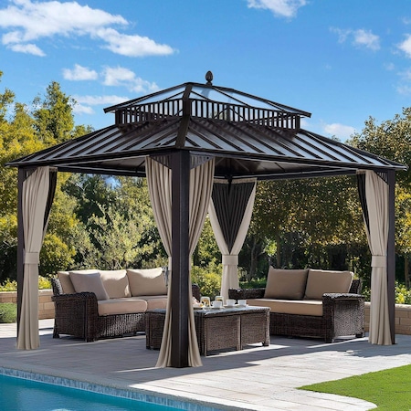 Sunjoy Kingston 12x10 Gazebo, Steel & PC Roof Hardtop Gazebo with Curtain and Netting, Brown Aluminum Posts A10204380200