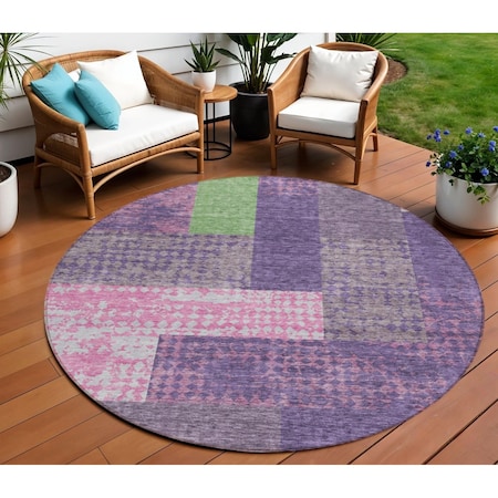 Homeroots 8' Purple Green And Pink Round Geometric Washable Indoor Outdoor Area Rug 612444