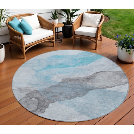 Homeroots 8' Teal Blue And Gray Round Abstract Washable Indoor Outdoor Area Rug 631859