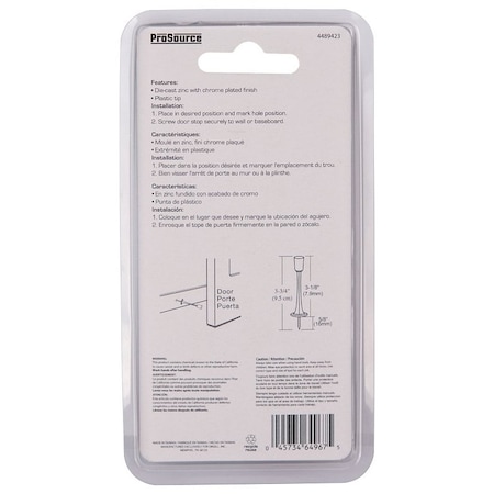 Prosource Heavy-Duty Rigid Door Stop, 15/16 in Dia Base, 3-1/8 in Projection, Die-Cast Zinc & Plastic H20-Z022C-PS