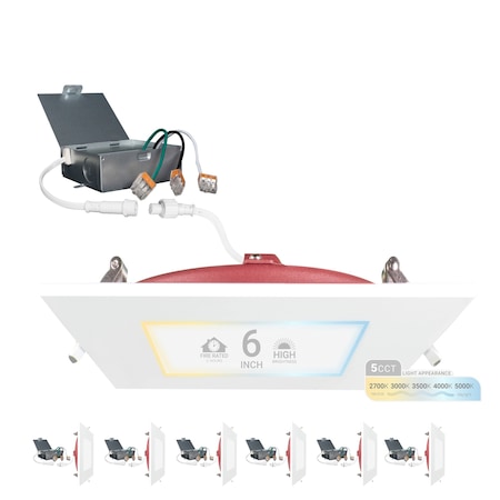 Nuwatt 6 Inch 2 Hour Square Fire Rated Recessed Lighting, Slim Wafer LED Lights 2700K-5000K, 1200LM, 6PK NW-P-SQDL-6-15W-5CT-FR-WH-6P