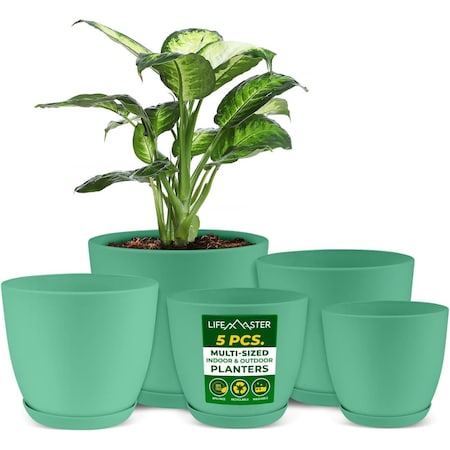 Lifemaster Planter Pots with Drainage Holes, Lightweight, Durable, Space-Saving, Mint, 5PK LMFLOPMIT55