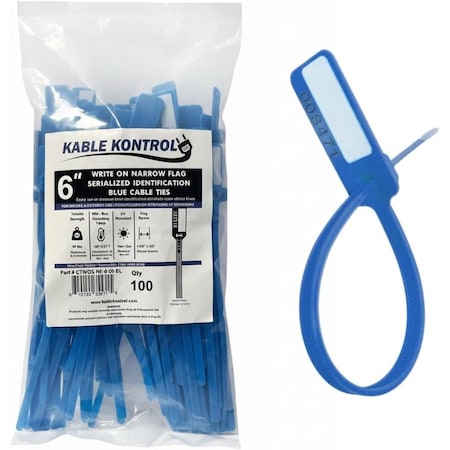 Kable Kontrol Numbered Write-On Flag Zip Tie Tags, 6in L, 60 Lbs Strength, 100 Pcs, Blue, 100PK CTWOS-NF-6-60-BL
