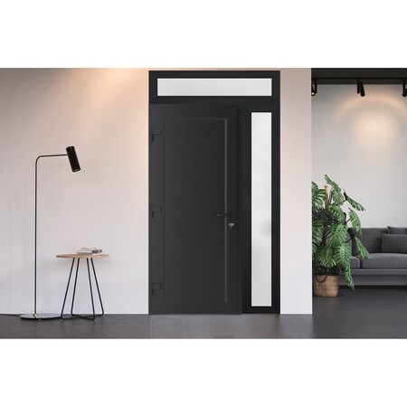 Vdomdoors Front Exterior Prehung Metal-Plastic Door, Manux 8111 Matte Black, Side and Top Sidelite Transom, O MANUX8111EXD-BLK-W36+12xH80+14-RH