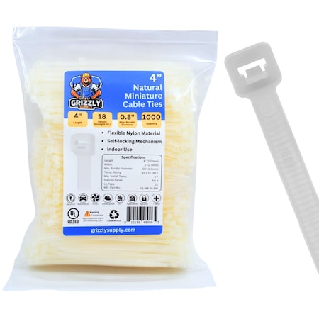 Grizzly Supply Cable Tie, 4 in L, 18 lb Strength, 1.0 in Max Bundle Dia, Nylon 6/6, Natural, 1000PK GS-M4-18-9M