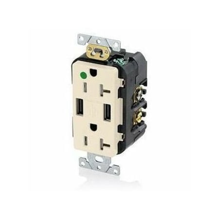 Leviton H.G. Duplex Recept W/USB, Lt Alm, 20 Amp T5832-HGT
