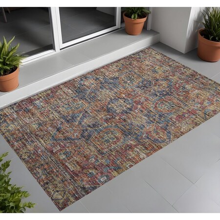 Homeroots 2' X 3' Red Orange and Blue Oriental Washable Non Skid Indoor Outdoor Area Rug 563835