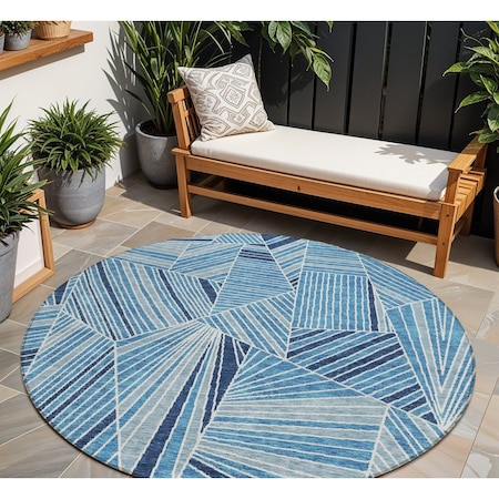 Homeroots 8' Blue And Teal Blue Round Geometric Washable Indoor Outdoor Area Rug 594769