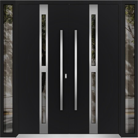 Vdomdoors Aluminum Double Doors Deux 1755 Black Enamel Opaque Black Glass 2 Sidelights Entry Modern Painted 1 DEUX1755DEXD-BLK-W16+72+16xH96-LH-O