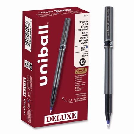 Uni-Ball Deluxe Stick Roller Ball Pen, Micro 0.5mm, Blue Ink, Gray Barrel, PK12 60027