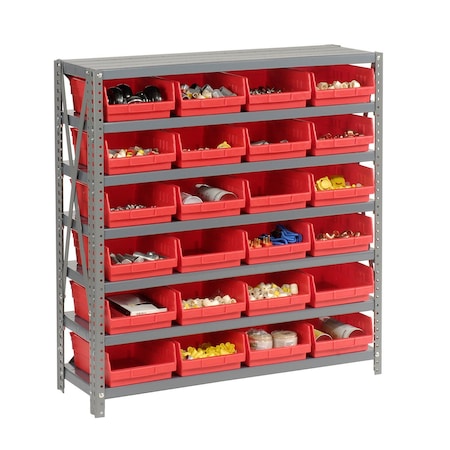 Global Industrial Steel Shelving with 24 4"H Plastic Shelf Bins Red, 36x18x39-7 Shelves 603434RD