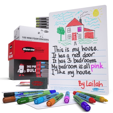 Show-Me Bulk Box of 100 x Picture Story 8" x 12" Lapboards, with Pens, Erasers, Cleaner, 100PK B/PSBX