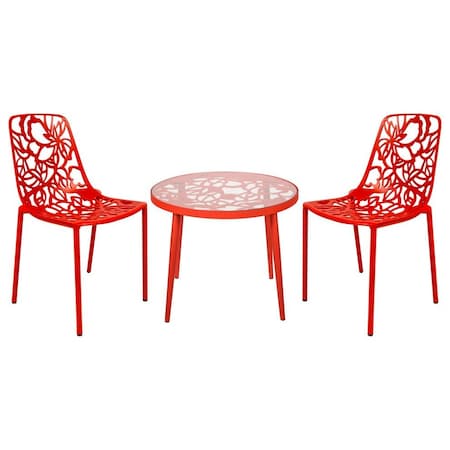 Leisuremod Devon 3-Piece Aluminum Patio Dining Set, Tempered Glass Top Table & 2 Stackable Chairs, Red DT20CR