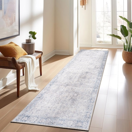 World Rug Gallery Transitional Bordered Vintage Machine Washable Non Slip Runner Rug 2 ft 6 in x 10 ft Blue 6026BLUE2X10