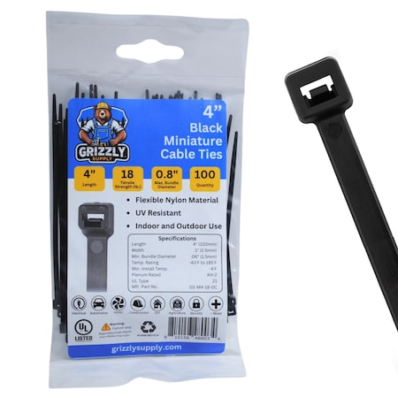 Grizzly Supply Cable Tie, 4 in L, 18 lb Strength, 1.0 in Max Bundle Dia, Nylon 6/6, UV Resistant, Black, 100PK GS-M4-18-0C