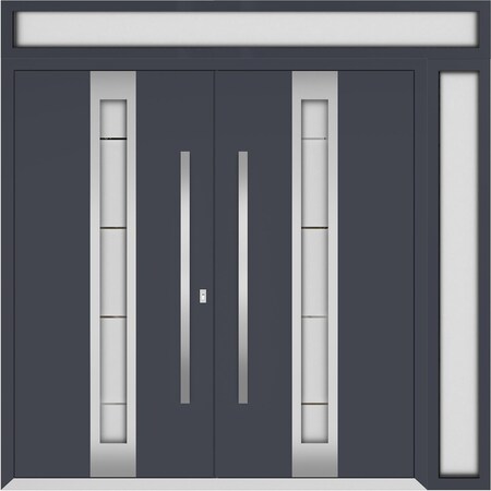 Vdomdoors Metal Double Doors Deux 1717 Gray Graphite Frosted Glass 1 Sidelight and Top Transom Entry Modern P DEUX1717DEXD-GRE-W72+12xH96+16-RH-O