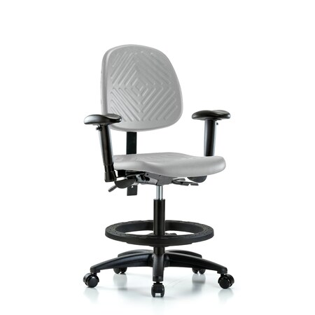 Blue Ridge Ergonomics Poly Chair-Med Bench Height with Med Back, Seat Tilt, Adj Arms, Black Foot Ring, &Casters in Gray Poly PMBCH-MB-RG-T1-A1-BF-RC-GRY