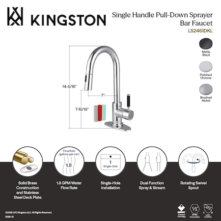 Kingston Brass Single-Handle Pull Down Sprayer Bar Faucet, Matte Black LS2460DKL