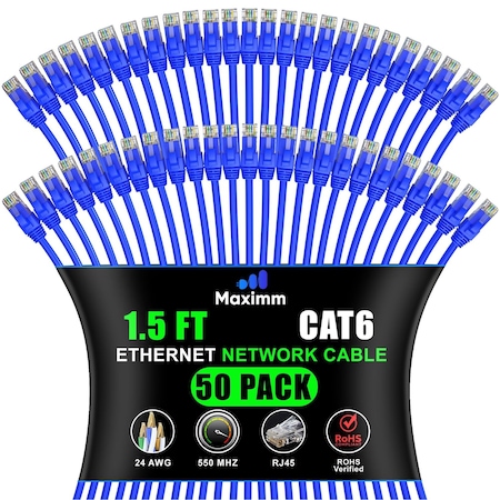 Maximm Cat6 Ethernet Cable 1.5ft 10Gbps 550MHz UTP, 50PK, Blue, 50PK BL50PK03