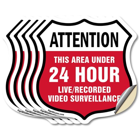 Signmission 24 Hour Surveillance Shield Sign Attenti, 6 inch X 6 inch, Vinyl Decal, 5PK SHI-D-5PACK-6-353