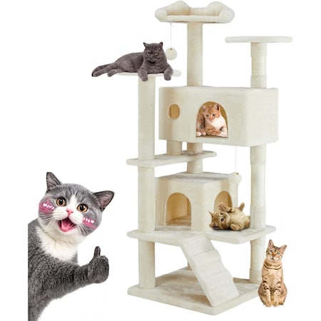 Simple Deluxe 54 Inches Cat Tree Tower Condo Furniture, Cat Tower for Indoor Cats, Beige 3A88CATTREE54INBGE