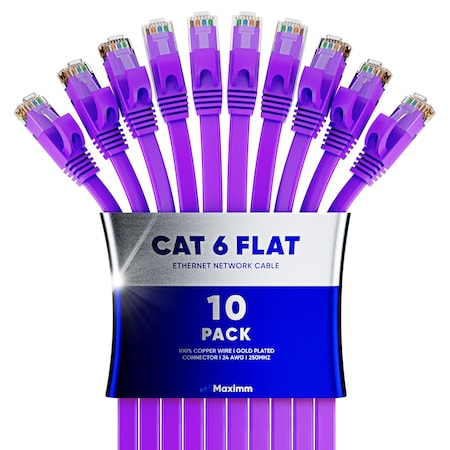 Maximm Cat6 Flat Ethernet Cable 50ft, 10PK, Purple, 10PK CAT6F-50FTPURPLE10PK
