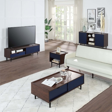 Manhattan Comfort Duane 4 Piece Living Room Set, Sideboard, TV Stand, Coffee Table, Nightstand in Dark Brown & Navy Blue 4-8911GLF-NB