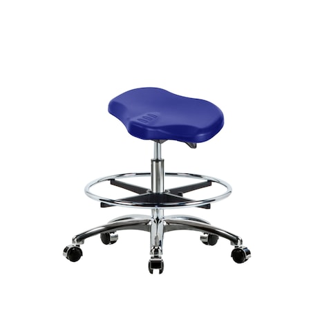 Blue Ridge Ergonomics Poly Ray Sit-Stand Stool Chrome-Medium Bench Ht with Chrome Foot Ring & Chrome Casters in Blue Poly PRPMBSO-CR-CF-CC-BLU