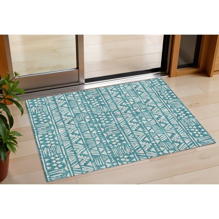 Homeroots 3' X 5' Teal Blue And Ivory Southwestern Washable Indoor Outdoor Area Rug 594190