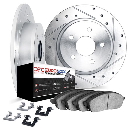 Dynamic Friction Co DFC Rotors-Drilled & Slotted-Silver w/ EURO 5000 Ceramic Brake Pads Incl Hdw 7612-20010