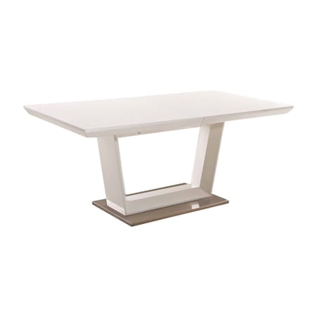 Homeroots 71" White Wood and Metal Self-Storing Leaf Pedestal Base Extendable Dining Table 555166