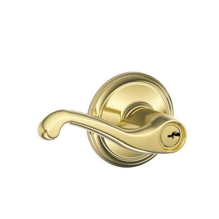 Schlage Residential Right Hand Flair Lever Storeroom Lock C Keyway with 16211 Latch and 10063 Strike Bright Brass F80FLA605RH