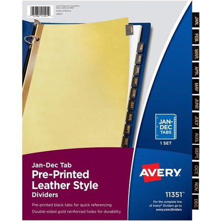 Avery Dennison Avery, Preprinted Black Leather Tab Dividers W/gold Reinforced Edge, 12-Tab, Ltr 11351