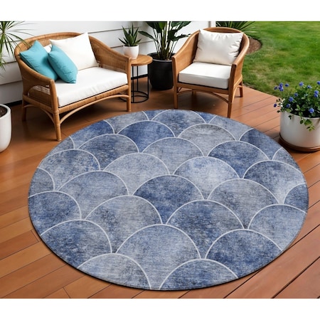 Homeroots 8' Denim Blue And Gray Round Abstract Washable Indoor Outdoor Area Rug 577663