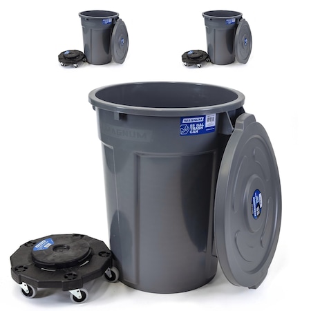 Magnum Tool Gray 55 Gallon Trash Can Set (Trash Can, Quiet Dolly, and Reinforced Lid) (3 Set) CMTC-CLD0-55G03