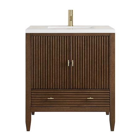 James Martin Vanities Myrrin 30" Sgl Vanity, Mid-Century Walnut, Sgl Hole 3 CM Wht Zeus Silestone Top, Matching Backsplash 485-V30-WLT-1WZ