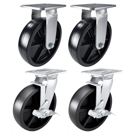 Hyw Products Heavy Duty Caster Set 8in Plastic Wheels, 2 Rigid & 2 Swivel with Brake, 4PK 40-80R-A1-HP-2,40-80S-A1-HP-TB-2