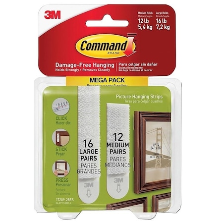 Command Medium and Large Picture Hanging Strip, 12, 16 lb, Plastic, White 17209-28ES
