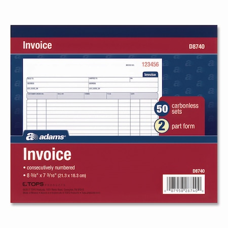 Adams Business Forms Multipart General-Purpose Invoice Pad, Two-Part Carbonless, 8.38 x 6.69, 50 Forms Total D8740