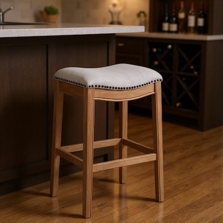 Homeroots 31" Beige and Natural Fabric and Solid Wood Backless Bar Height Bar Chair 632357