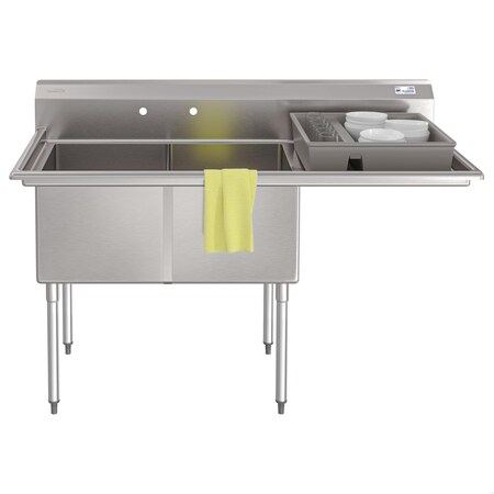 Koolmore 63 in. 18-Gauge 2-Compartment Commercial Sink with Backsplash and 24 in. Right Drainboard KM-SB182414-24R3